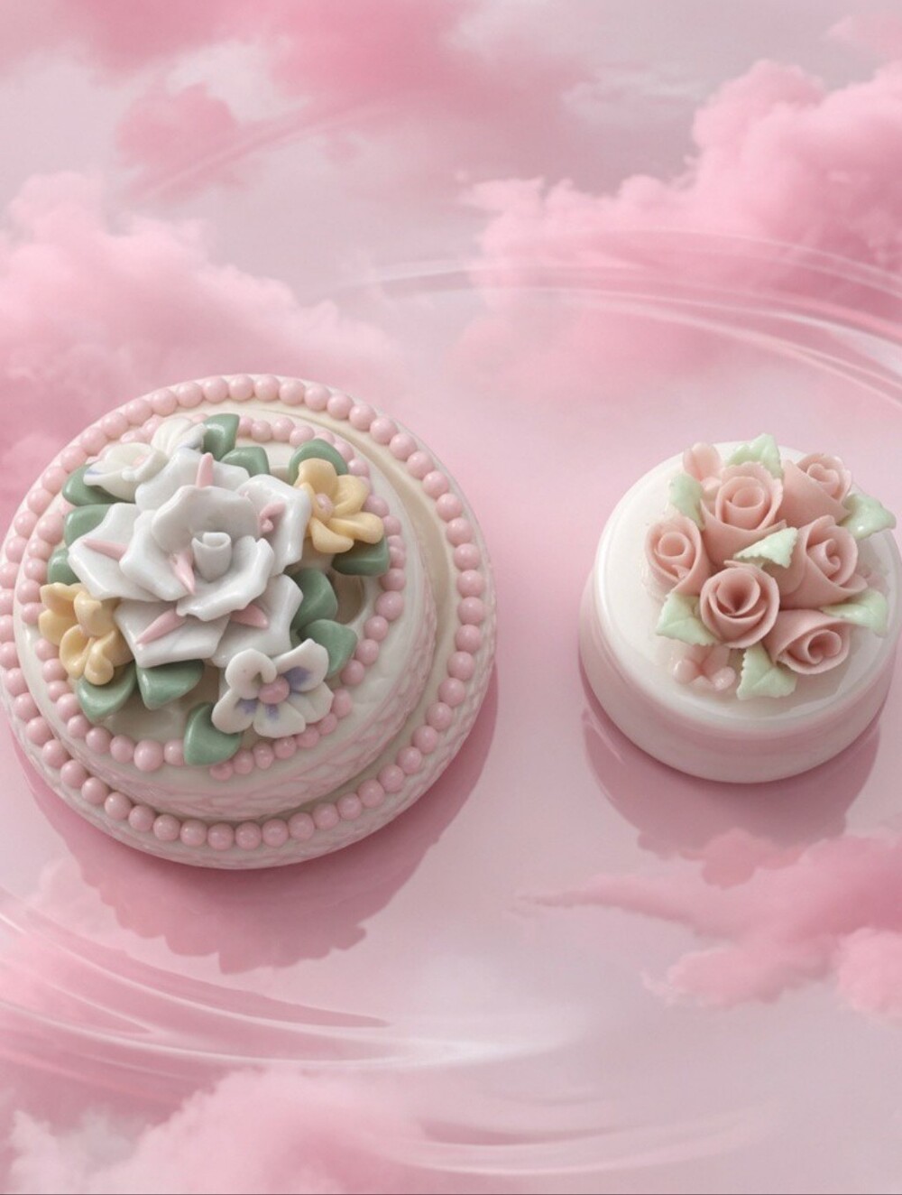 2 Floral Rose Porcelain Trinket Boxes with Lids, Pink and White